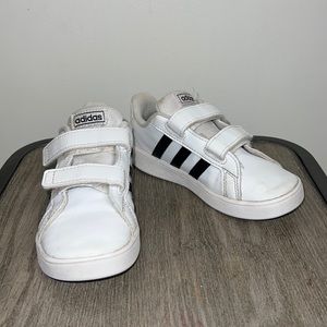 Adidas White Sneakers with Black Stripes and Velcro Straps Kids Size 10